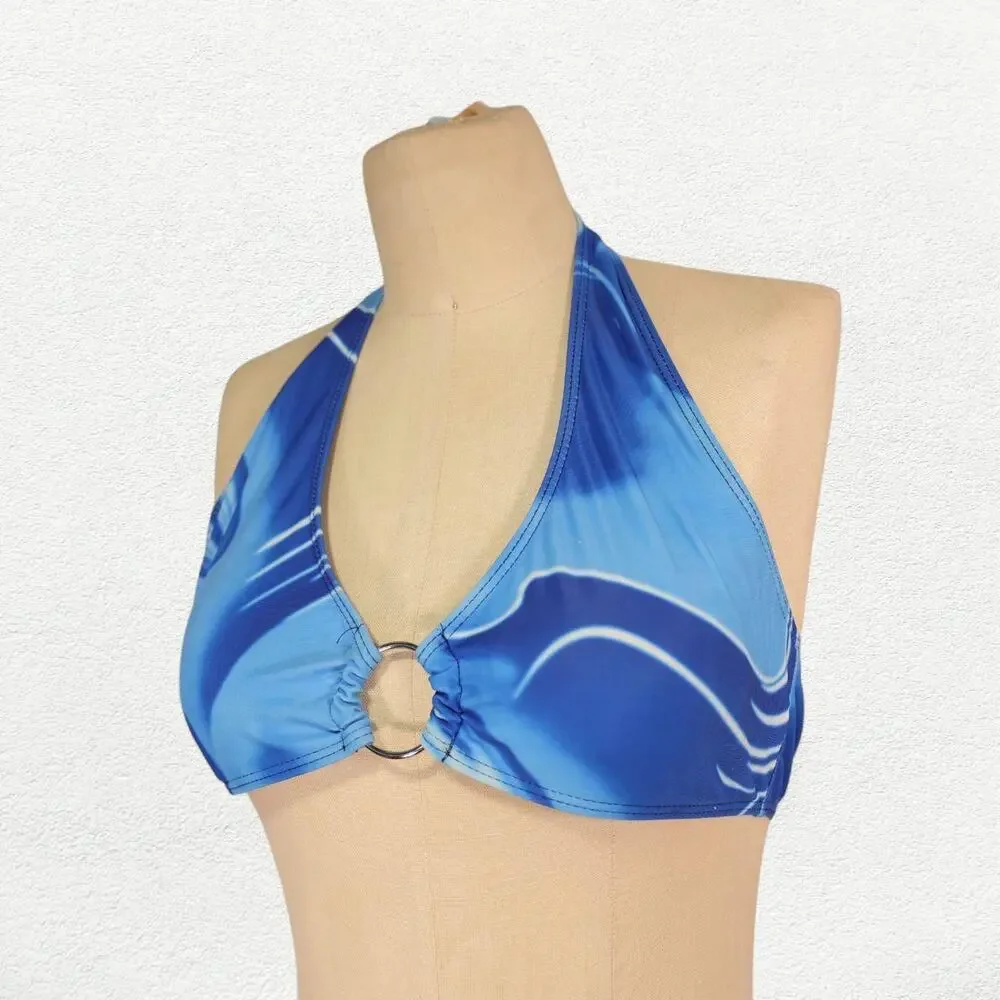 Y2K Marble Swirl Print Halter Festival Bikini Crop Top Blue with Silver O-Ring